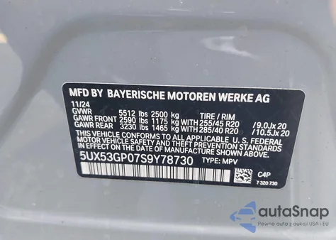 2025 BMW X3 30 xDrive из США, поврежденный, VIN 5UX53GP07S9Y78730